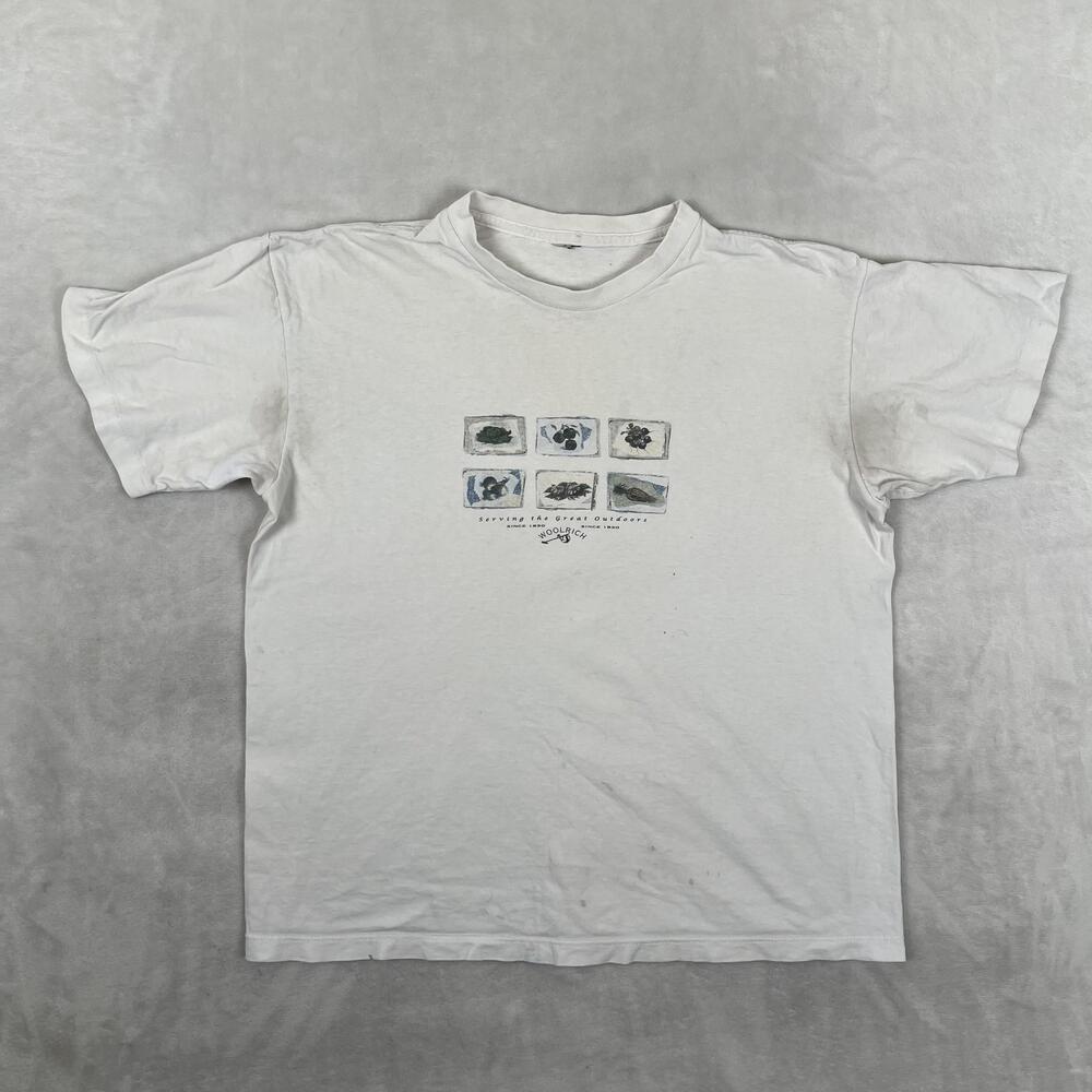 Vintage Woolrich T-Shirt Mens Medium White Serving Great Outdoors Sigle Stitch